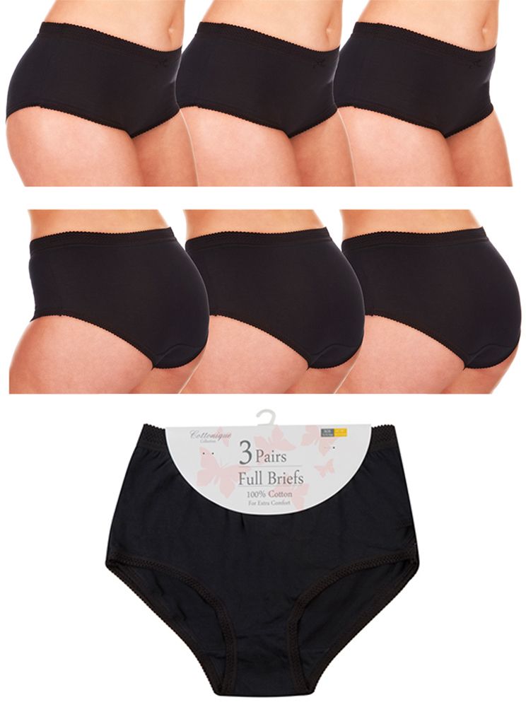 Ladies Black 100% Cotton Full Briefs Plus Size