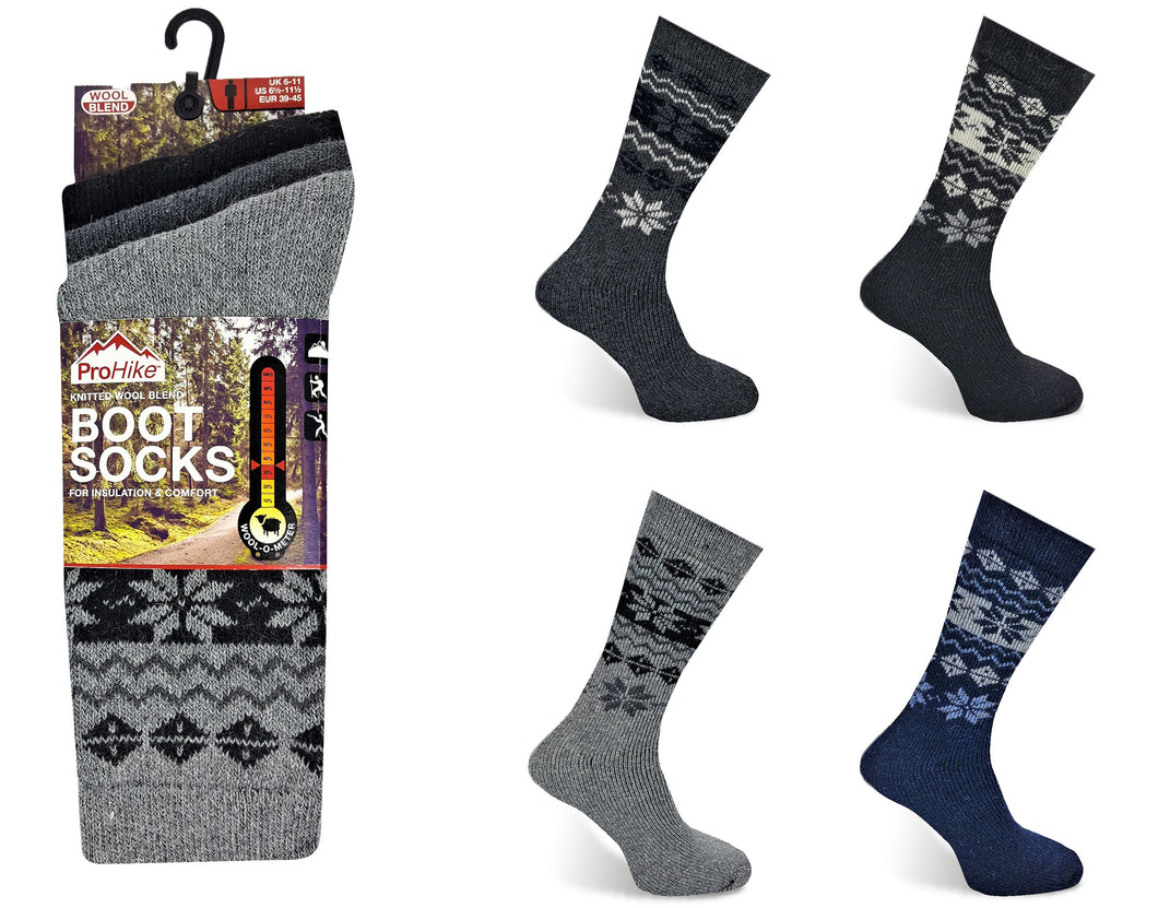 6 Pairs Men's Fairisle Wool Blend Boot Socks by Pro Hike