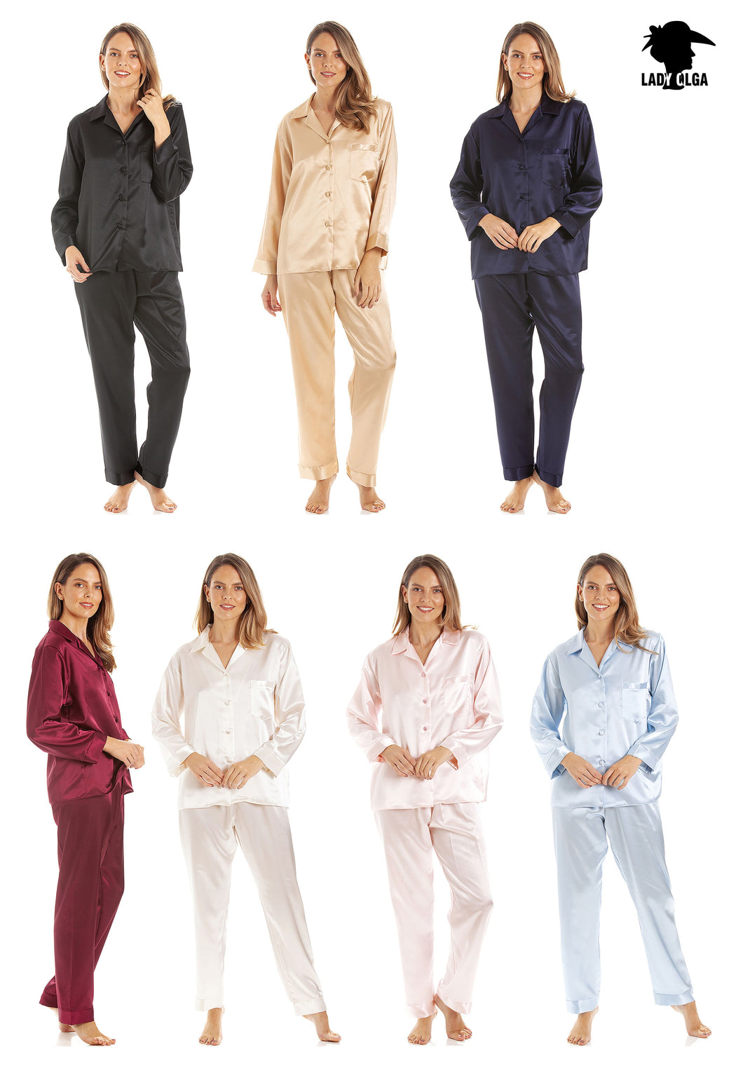 English Made Satin Long Sleeved Pyjamas by Lady Olga