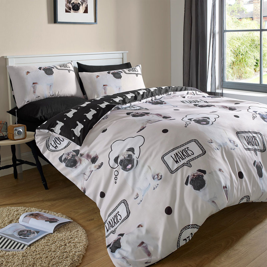 Walkies Pug Duvet Cover Set - Cream