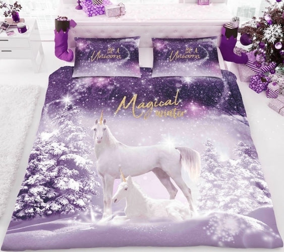 Luxury 3D Effect Christmas Unicorn Double Size Duvet Cover with Matching Pillow Case Bedding Set