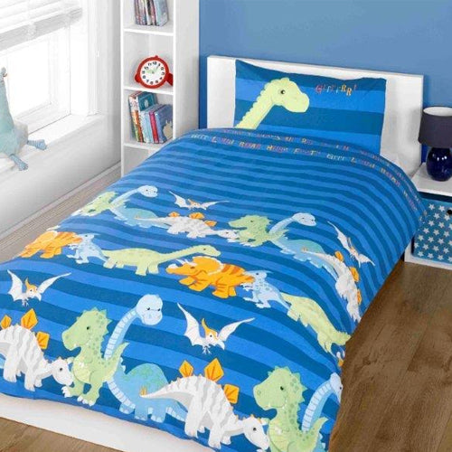 Children's Fun Filled Blue Dinosaur Single Duvet Set