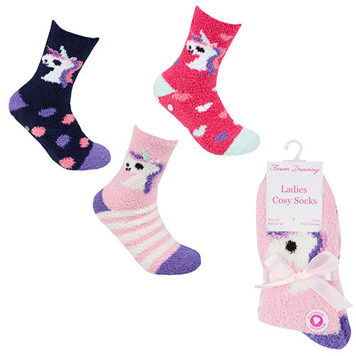 4 Pack Ladies Cosy Socks With Grippers Unicorn