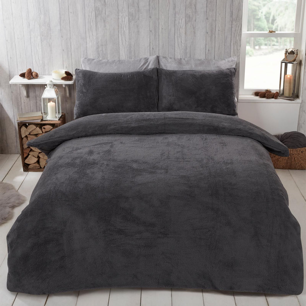 Brentfords Teddy Fleece Duvet Cover Set - Charcoal Grey