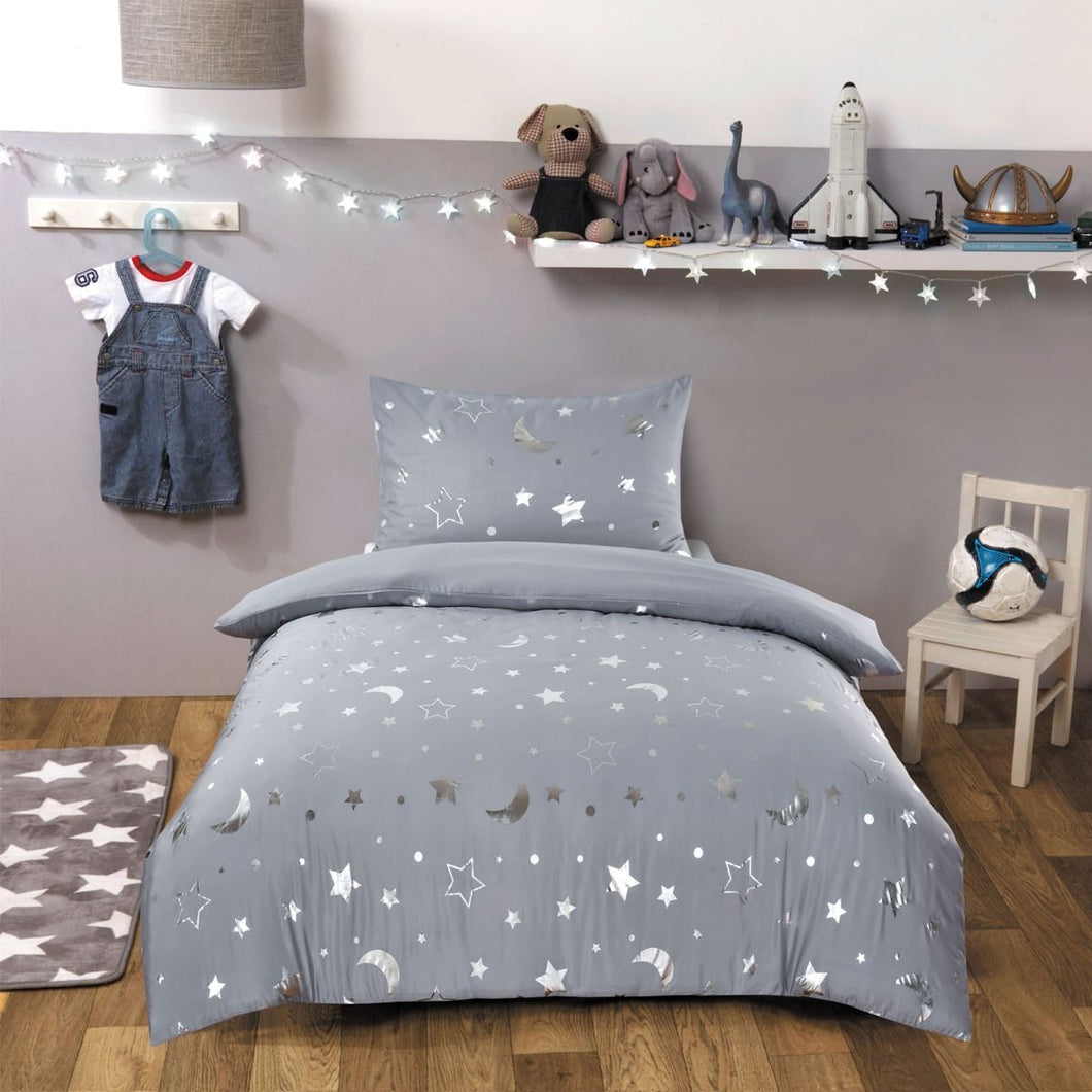 Dreamscene Galaxy Star Duvet Cover Set - Silver Grey