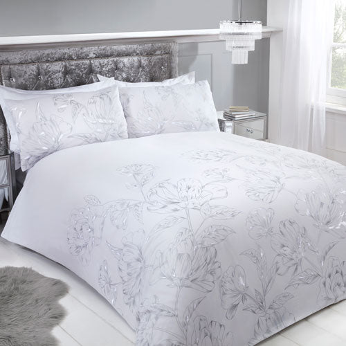 Metallic Floral Print Duvet Set White