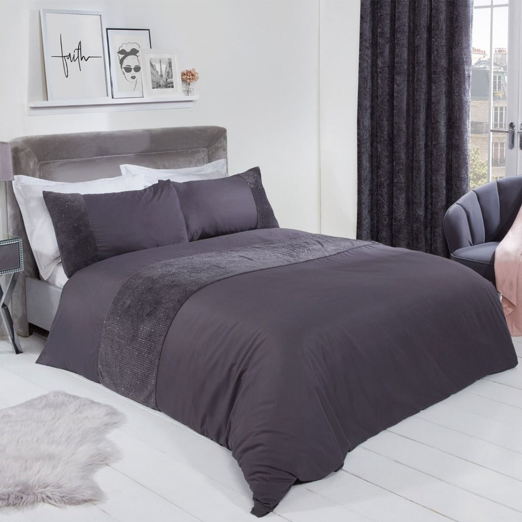 Sienna Glitter Teddy Fleece Panel Duvet Cover Set - Charcoal