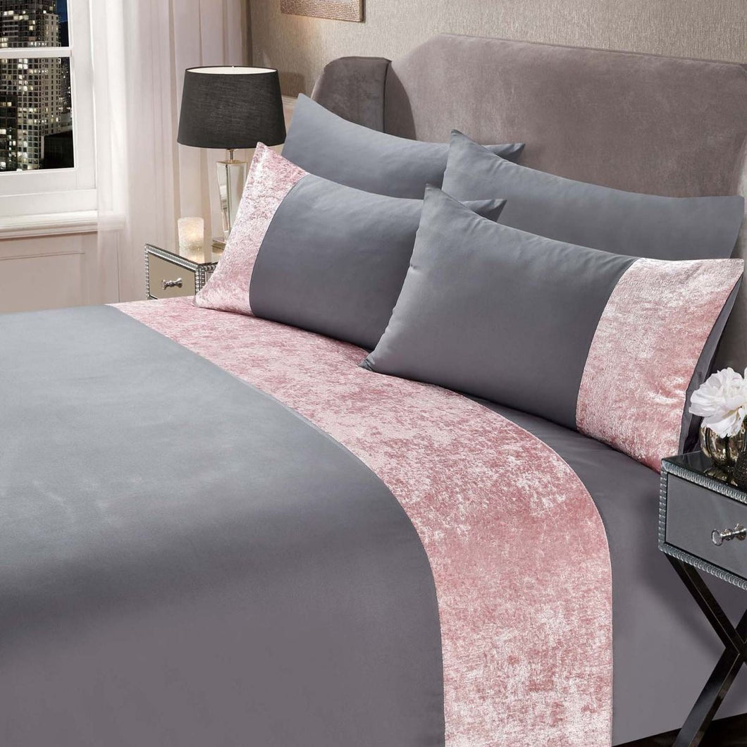 Sienna Crushed Velvet Band Duvet Set - Silver/Blush Pink