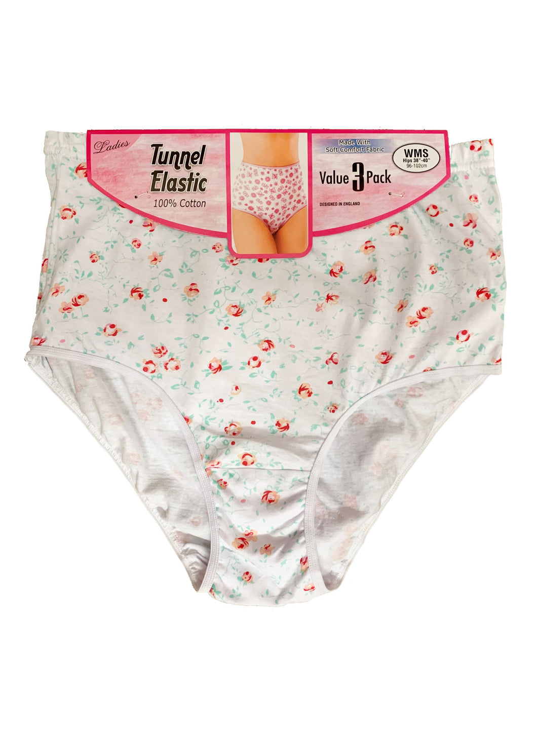 6 Pack Ladies 100% Cotton Floral Tunnel Elastic Briefs