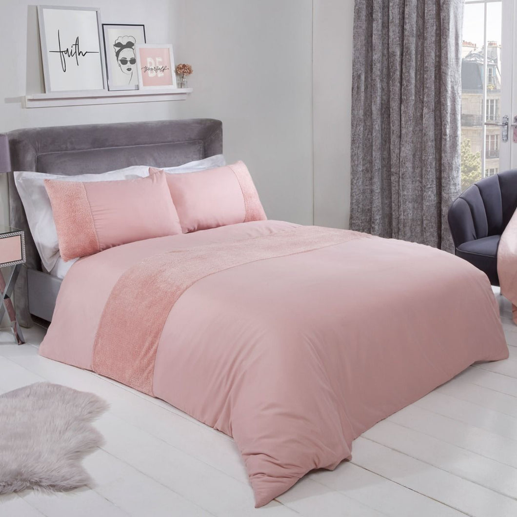 Sienna Glitter Teddy Fleece Panel Duvet Cover Set - Blush