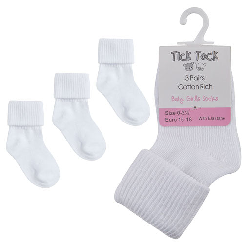 3 Pairs Turn Over Top Baby Ankle Socks White