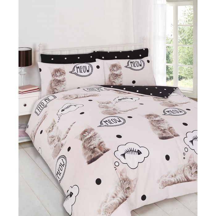 Meow Kitten Reversible Cream Duvet Cover Set