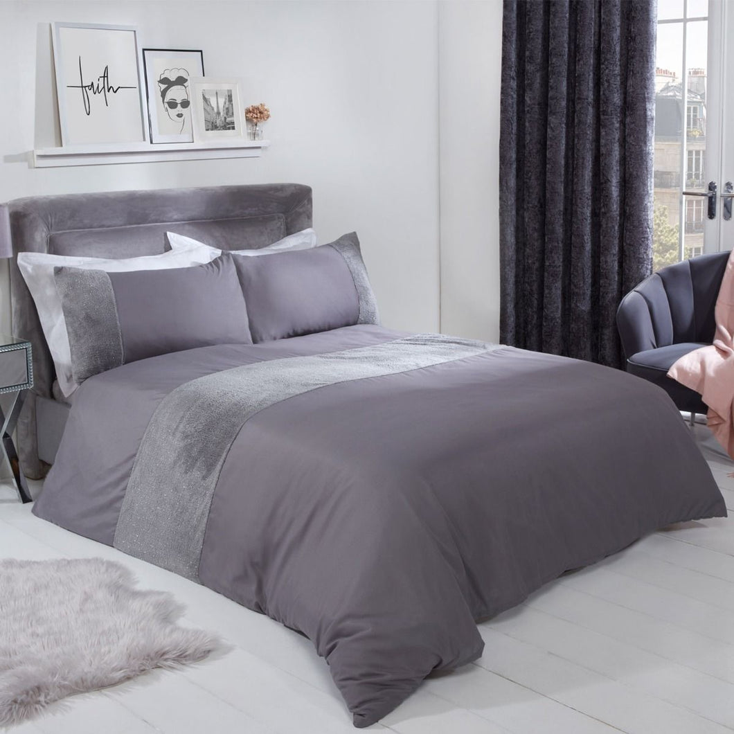 Sienna Glitter Teddy Fleece Panel Duvet Cover Set - Silver