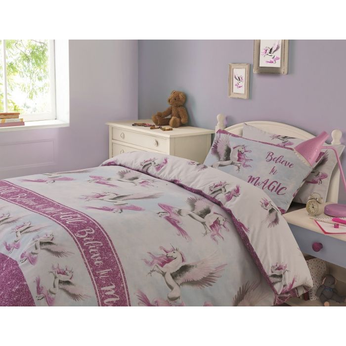 Dreamscene Flying Unicorn Pink Duvet Cover Set