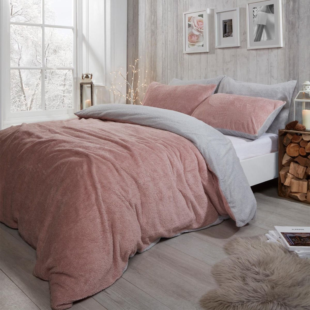 Brentfords Teddy Fleece Reversible Duvet Cover Set - Blush Pink/Grey