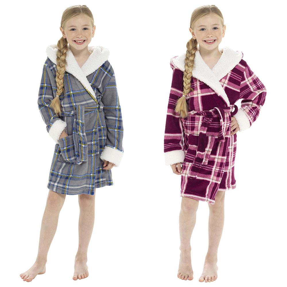 Girls Check Print Robe with Sherpa Trim