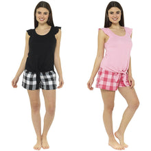 Load image into Gallery viewer, Ladies Jersey Ruffle Tie Top with Check Shorts
