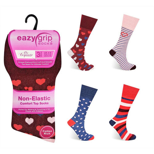 Ladies Eazy Grip Non Elastic Socks Hearts Spots