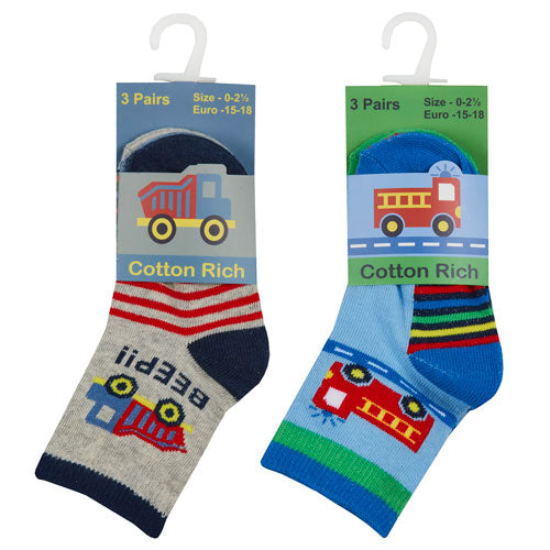 Baby Boys 3 Pack Socks Fire Engine - Truck