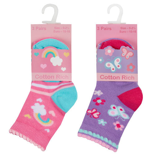 Baby Girls 3 Pack Socks Rainbow Flower Butterfly