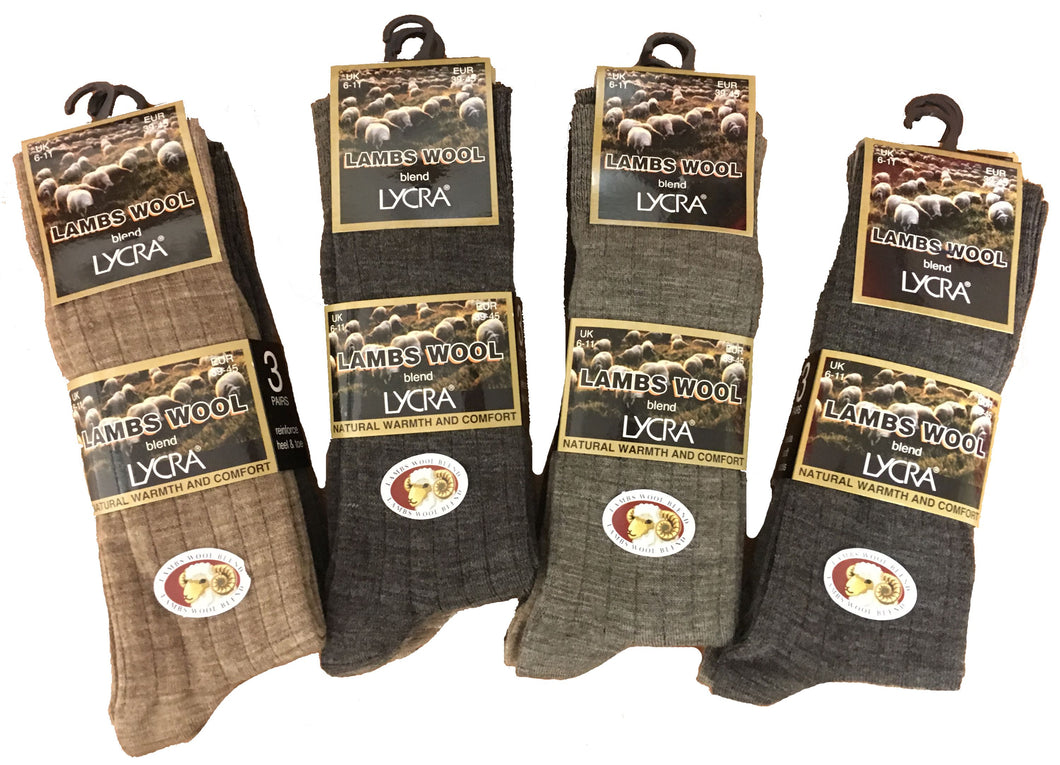 6 Pairs Mens Lambs Wool Blend Socks Plain Ribbed