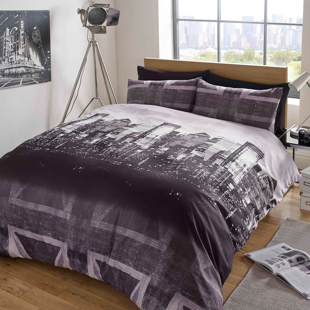 Dreamscene London Skyline Union Jack Duvet Cover Set - Charcoal