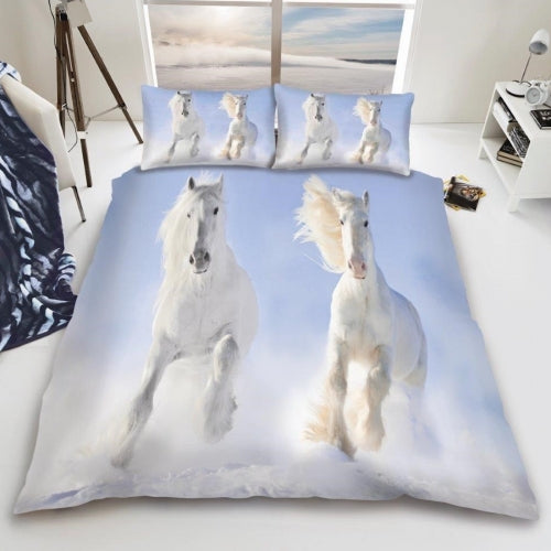 Luxury 3D Effect White Horse Design Duvet Cover with Matching Pillow Case Bedding Set