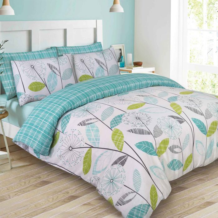 Dreamscene Allium Floral Tartan Check Teal/Green Duvet Cover Set