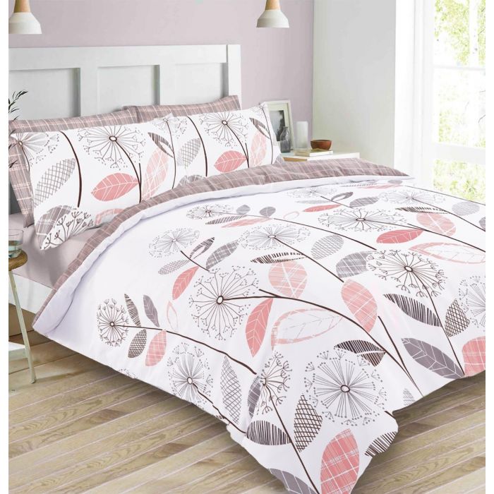 Dreamscene Allium Floral Tartan Check Blush Pink Duvet Cover Set