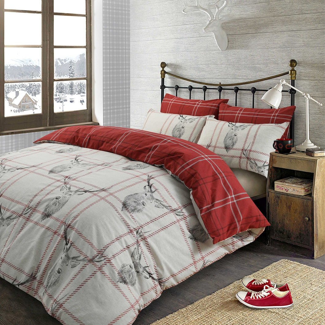 Dreamscene Stag Check Duvet Cover Set - Grey/Red