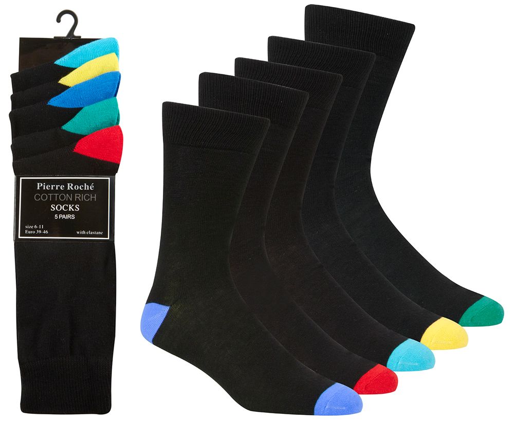 5 Pairs Mens  Coloured Heel & Toe Socks by Pierre Roche