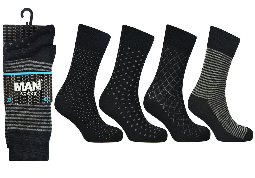 6 Pairs Men's Black Pattern Cotton Rich Socks