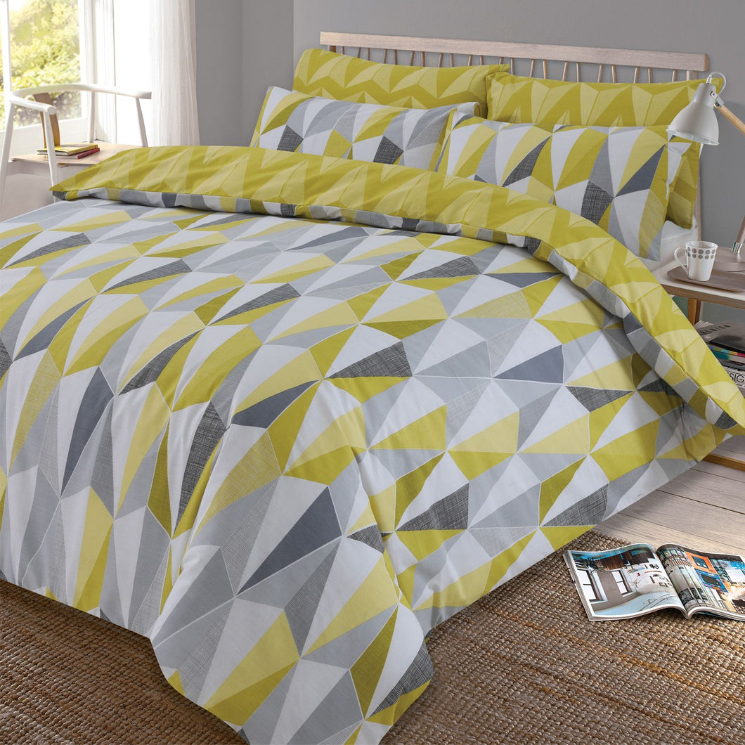 Dreamscene Billie Reversible Geometric Duvet Cover Set - Yellow/Grey