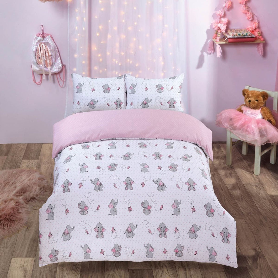 Dreamscene Ellie Elephant  Junior Cot Pink Blush Duvet Cover Set