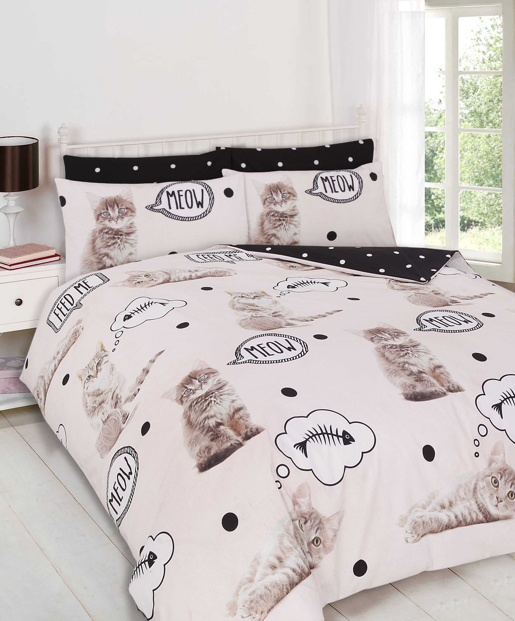 Meow Kitten Reversible Duvet Cover Set - Cream