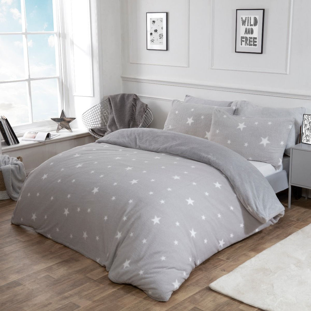 Dreamscene Star Teddy Fleece Duvet Cover Set - Grey