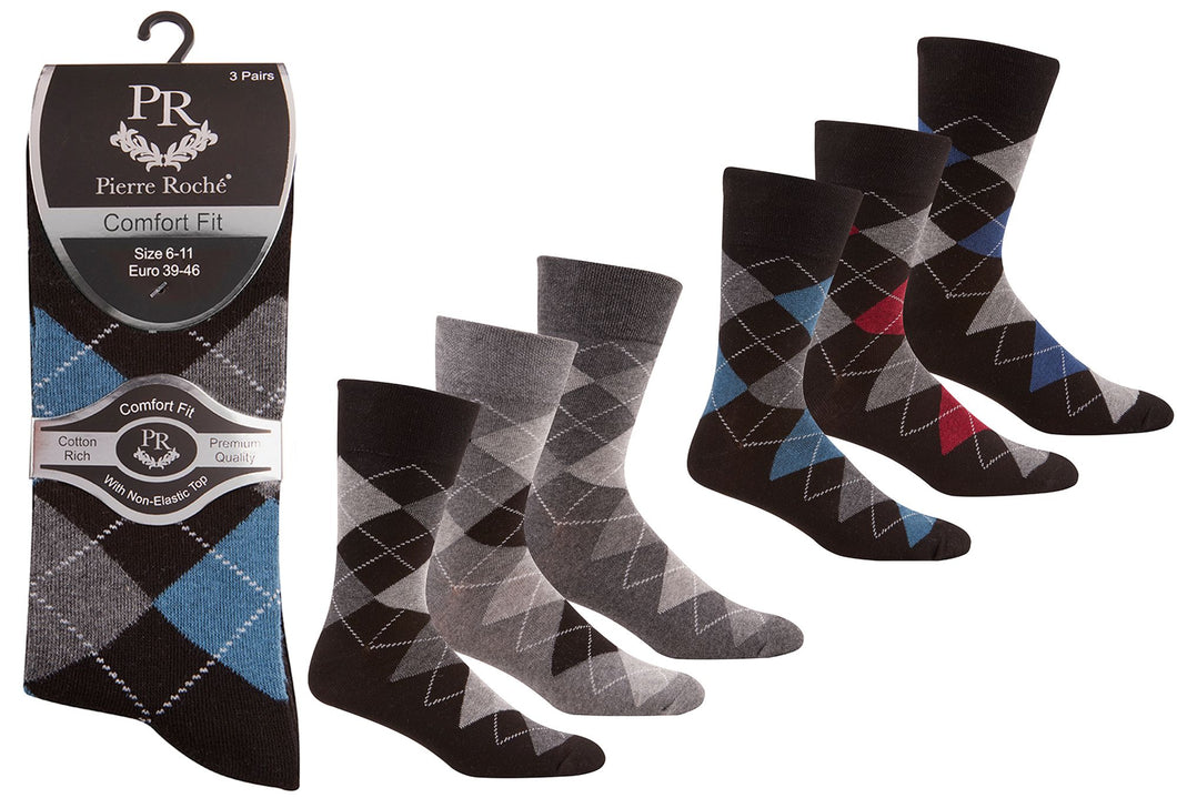 6 Pairs Men's Argyle 3 Pair Pack Non Elastic Socks