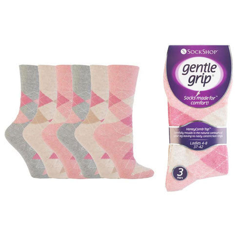 Ladies Gentle Grip Socks Argyle Pinks