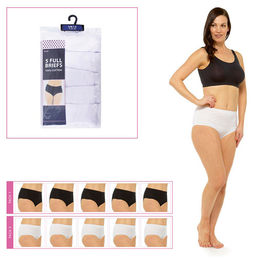 Ladies Plain Briefs 5 Pack Cotton White & Black