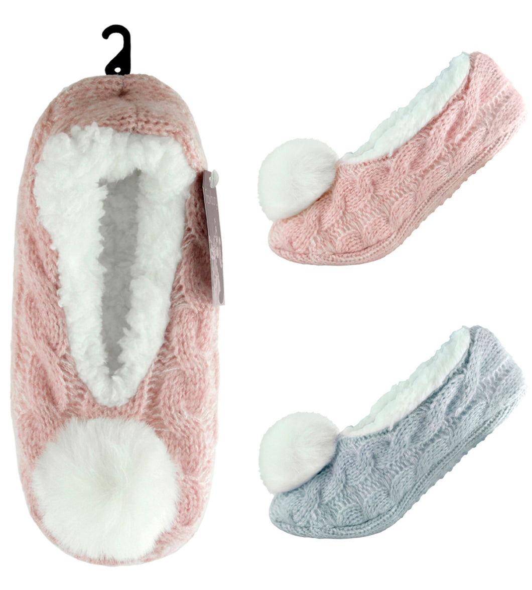 Ladies Chenille Sherpa Fleece Lined Ballerina Slippers With Pom Poms