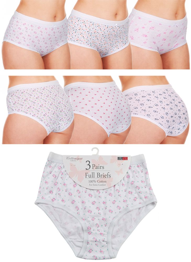 Ladies Floral 3 pair pack 100% Cotton Full Briefs Plus Size