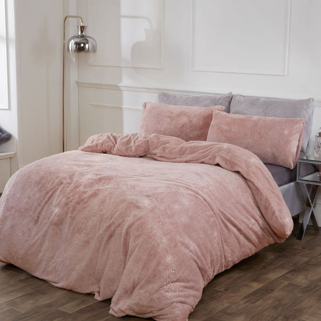 Sienna Teddy Fleece Glitter Duvet Cover Set - Blush