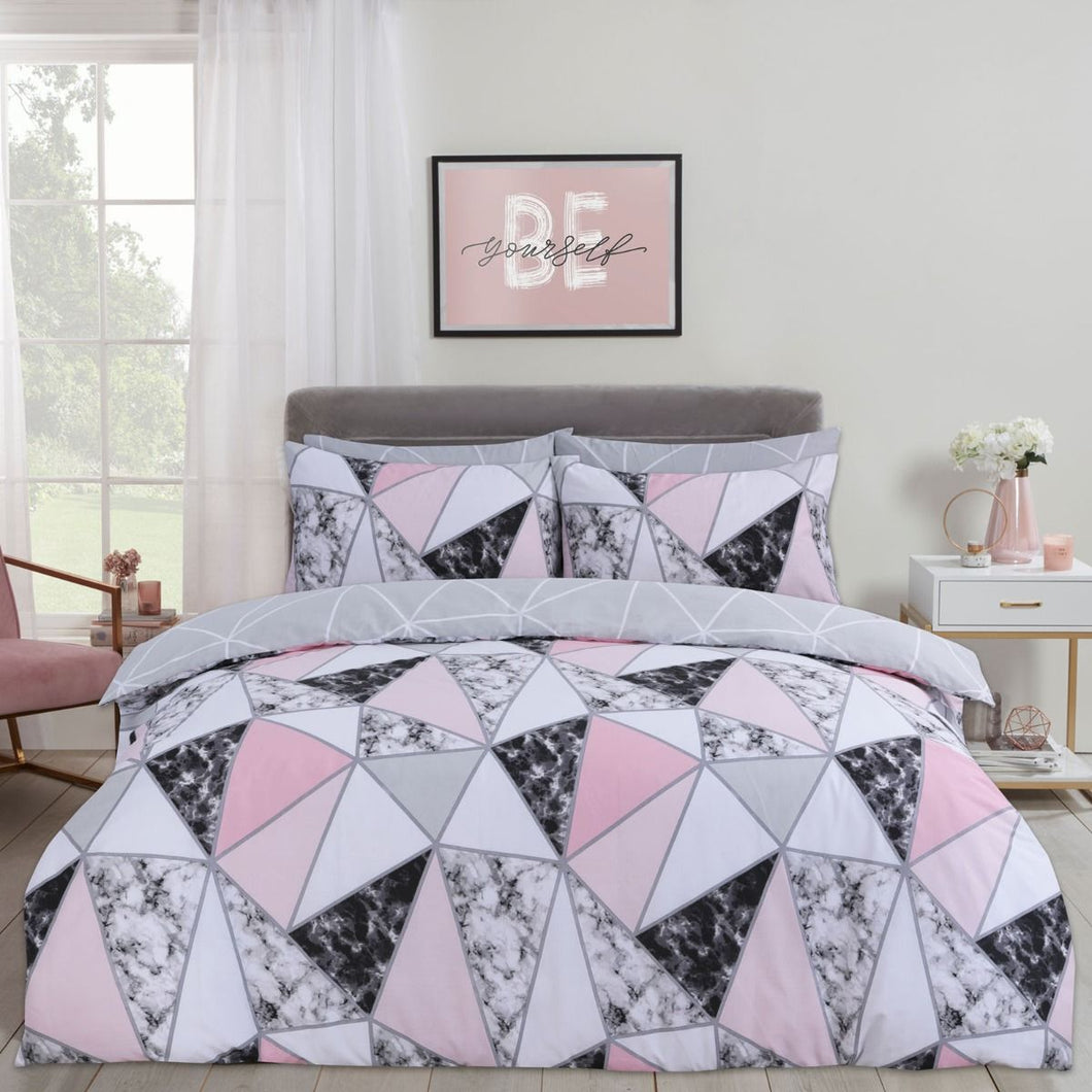 Dreamscene Marble Geometric Duvet Set - Grey/Blush