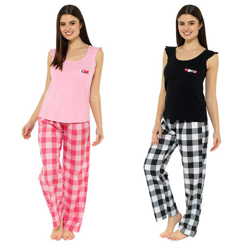 Ladies Ruffle Tie Top With Check Pant Pyjamas