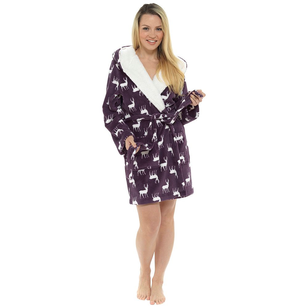 Ladies Stag Print Gown With Sherpa Lined Hood Robe