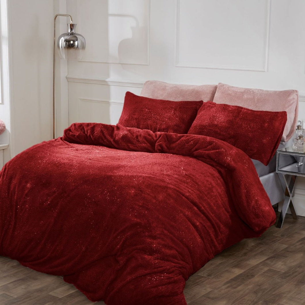 Sienna Teddy Fleece Glitter Duvet Cover Set - Burgundy