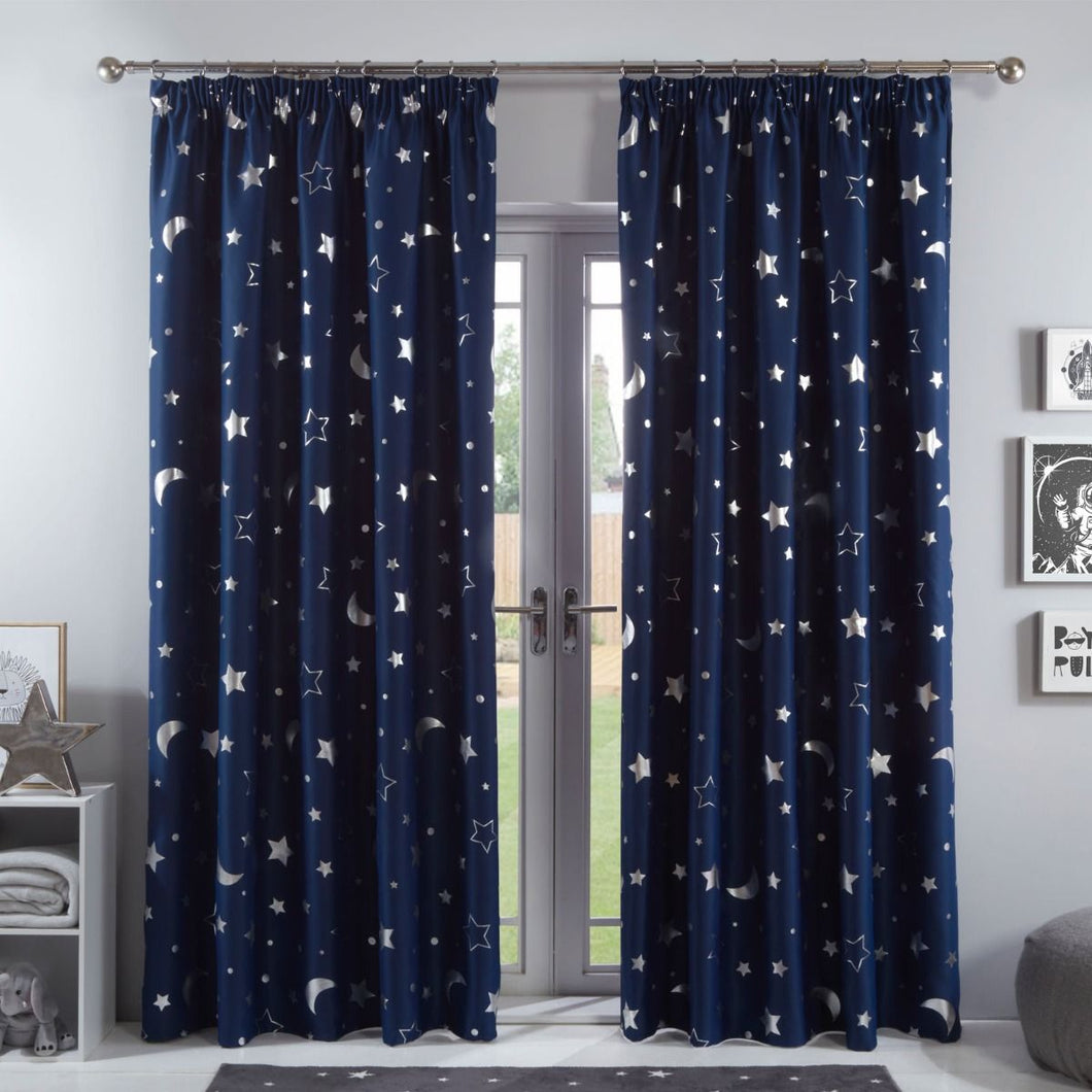 Dreamscene Galaxy Star Blackout Pencil Pleat Navy Blue Curtains