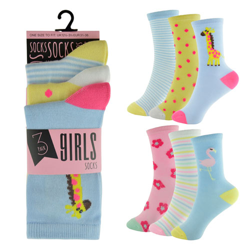 Girls 3 Pack Design Socks Unicorn And Giraffe