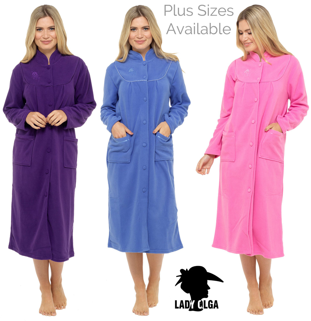 Button Through Fleece Dressing Gowns by Lady Olga