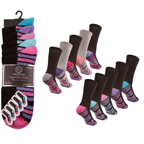 Ladies 5 Pack Socks Coloured Heel & Toe